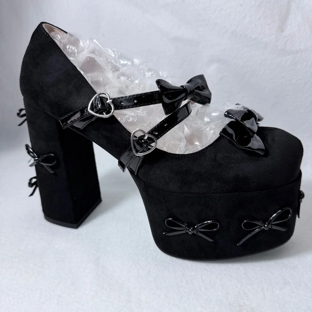 Black Bow Platform Mary Jane Pumps Heart Buckle Block Heel Sz US 10 New sexy